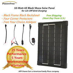 BLACK Plug-Power 10w 10 Watt Mono Solar Panel + $8 Adaptor - 12v Battery RV Boat