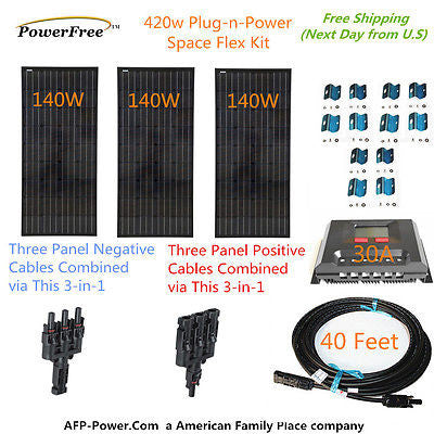 Three 140w 140 Watt Solar Panels 420w Mono Plug-n-Power Charge Kit 12v Battery