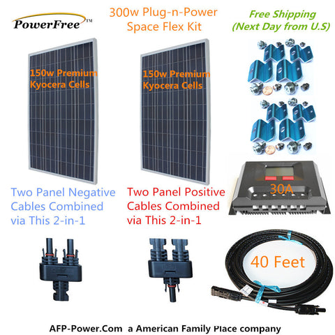 Two 150w 150 Watt Solar Panels 300w Mono Plug-n-Power Charge Kit -12v Battery RV