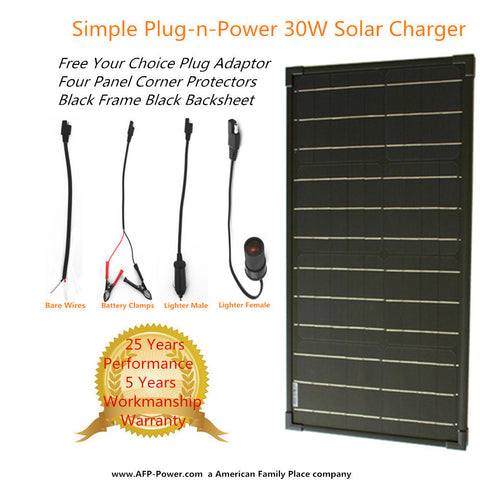 Plug-n-Power BLACK 30W 30 Watt Mon Solar Panel + $8 Adaptor 12v Battery Charger