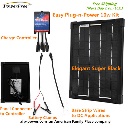 Plug-n-Power Black 10W 10 Watt Mono Solar Panel Charger Kit 12v Battery RV Boat