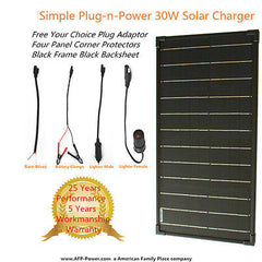 Plug-n-Power BLACK 30W 30 Watt Mon Solar Panel + $8 Adaptor 12v Battery Charger